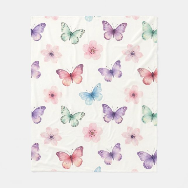 Akvarell Fjärilar Körsbärsblommor Mönster Fleecefilt (Framsidan)