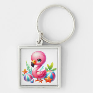 Akvarell Flamingo Tecknad Clipart Fyrkantig Silverfärgad Nyckelring