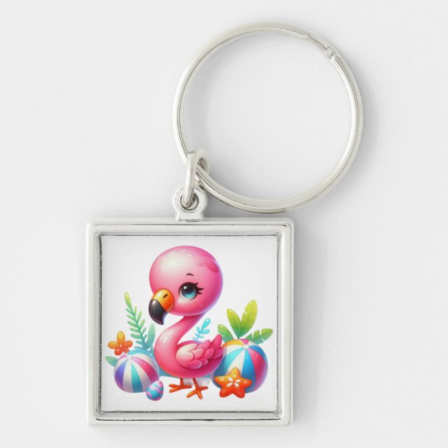 Akvarell Flamingo Tecknad Clipart Fyrkantig Silverfärgad Nyckelring (Framsidan)