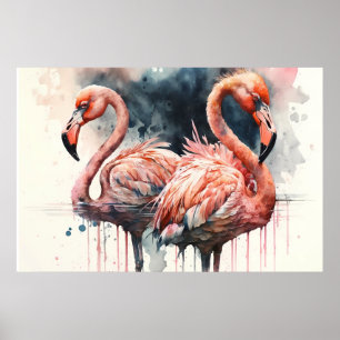 Akvarell Flamingos Rosa Tropisk Poster