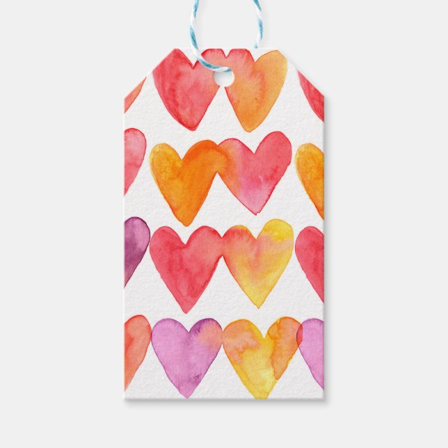 Akvarell Flerfärgade Hjärtan Presentetikett (Framsidan)