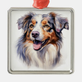 AKVARELL FLUFFIG AUSTRALISK FÅRHUND HUND JULGRANSPRYDNAD METALL