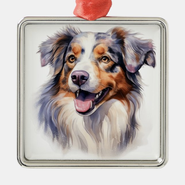 AKVARELL FLUFFIG AUSTRALISK FÅRHUND HUND JULGRANSPRYDNAD METALL (Framsidan)