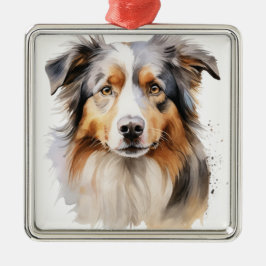 AKVARELL FLUFFIG AUSTRALISK FÅRHUND HUND JULGRANSPRYDNAD METALL
