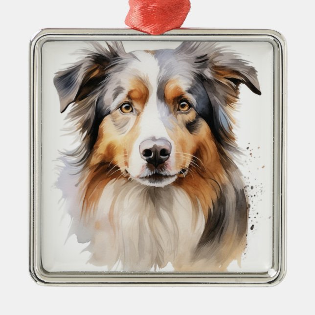 AKVARELL FLUFFIG AUSTRALISK FÅRHUND HUND JULGRANSPRYDNAD METALL (Framsidan)