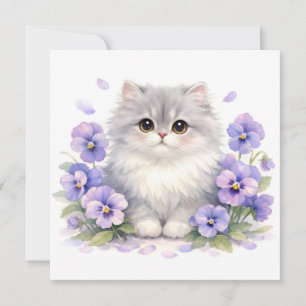 Akvarell Fluffig Kattunge med Lila Stensöta Blommo Kort