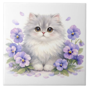 Akvarell Fluffig Kattunge med Lila Stensöte Blommo Kakelplatta