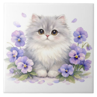 Akvarell Fluffig Kattunge med Lila Stensöte Blommo Kakelplatta