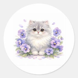 Akvarell Fluffig Kattunge med Lila Stensöte Blommo Runt Klistermärke