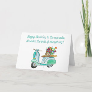 Akvarell Födelsedags Scooter Med Korg Med Blommor Kort