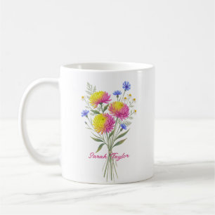 Akvarell Födelsedagsblomma Chrysanthemum Anpassad Kaffemugg