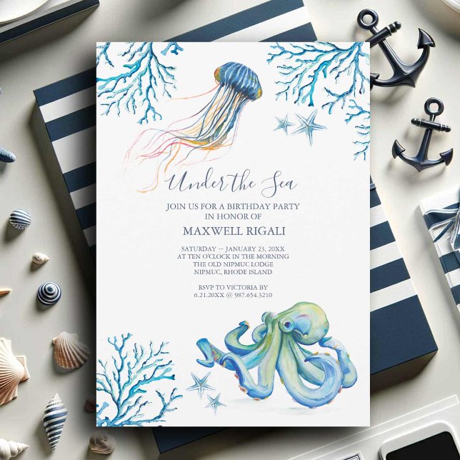 Akvarell Födelsedagsfest Inbjudan Under Havet (Under the sea birthday party invitations with watercolor ocean creatures art by Victoria Grigaliunas)
