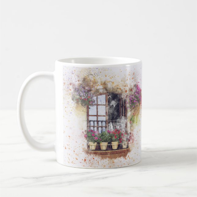 Akvarell Fönsterträdgård Färgrika Blommor Kaffemugg (Vänster)