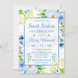 Akvarell Förgätmigejer & Tusenskönor Sweet Sixteen Inbjudningar