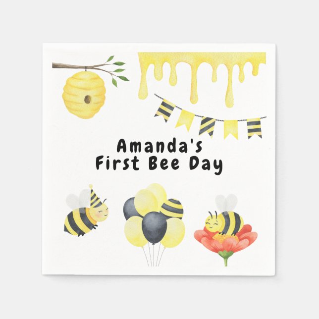 Akvarell första Bee Day födelsedagsfest Pappersservett (Framsidan)