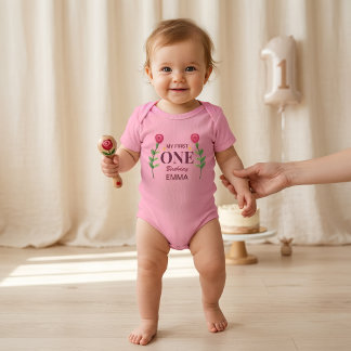 Akvarell Första Födelsedag Baby Flicka, Botanisk T Shirt