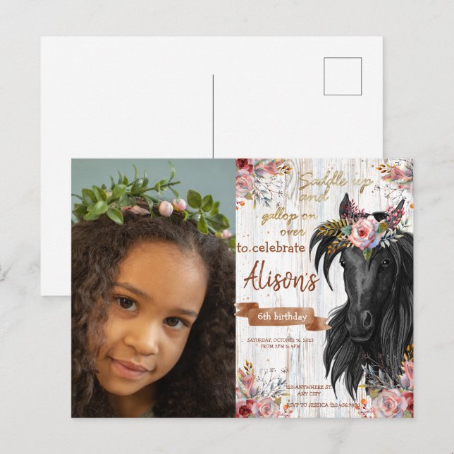 Akvarell Foto häst födelsedag cowgirl Vykort (Fram/baksida)