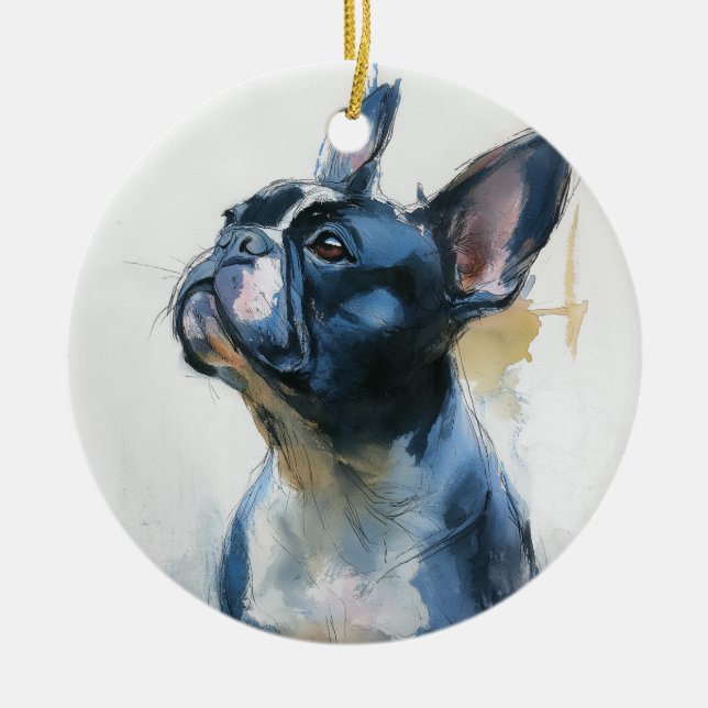 Akvarell fransk bulldog sittande julgransprydnad keramik (Framsidan)
