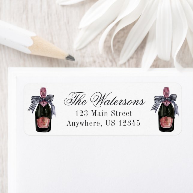 Akvarell Fransk Champagne med randig slinga Returadress Etikett (Insitu)