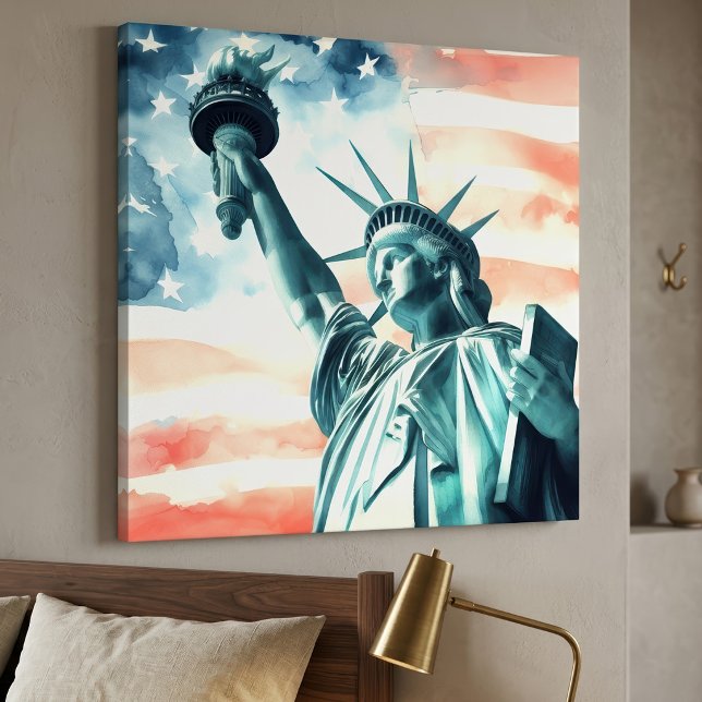 Akvarell Frihetsgudinnan med amerikansk flagga Canvastryck (Watercolor Statue of Liberty with American flag. Canvas Print)