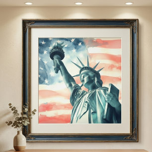 Akvarell Frihetsgudinnan med amerikansk flagga Fototryck