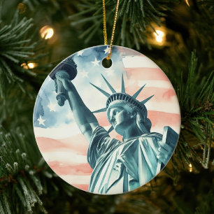 Akvarell Frihetsgudinnan med amerikansk flagga Julgransprydnad Keramik