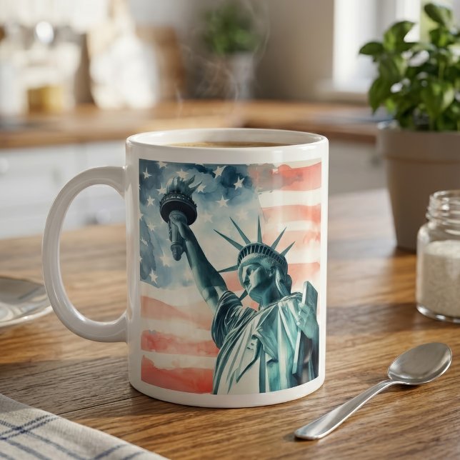 Akvarell Frihetsgudinnan med amerikansk flagga Kaffemugg (Watercolor Statue of Liberty with American flag. Coffee Mug)