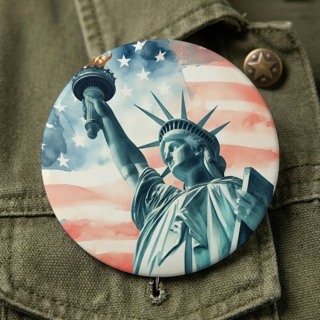 Akvarell Frihetsgudinnan med amerikansk flagga Knapp (Watercolor Statue of Liberty with American flag. Button)