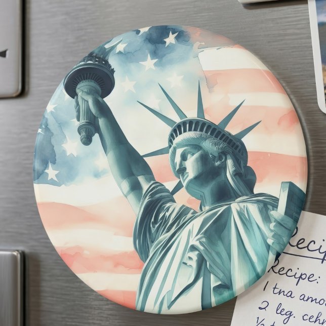 Akvarell Frihetsgudinnan med amerikansk flagga Magnet (Watercolor Statue of Liberty with American flag. Magnet)