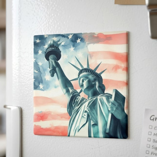 Akvarell Frihetsgudinnan med amerikansk flagga Magnet (Watercolor Statue of Liberty with American flag. Magnet)