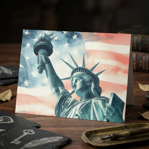 Akvarell Frihetsgudinnan med amerikansk flagga Tack Kort