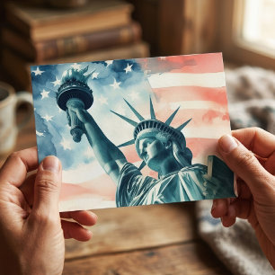 Akvarell Frihetsgudinnan med amerikansk flagga Vykort