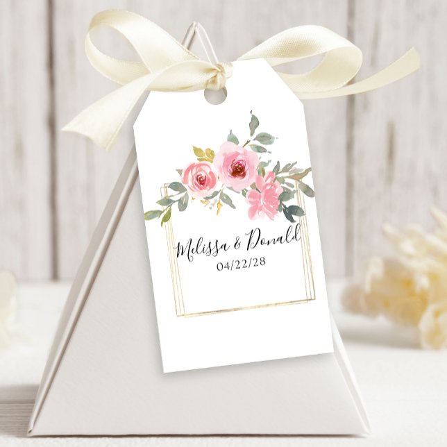 Akvarell Frodig Rosa Rosa Blommig Bröllop Presentetikett (Skapare uppladdad)