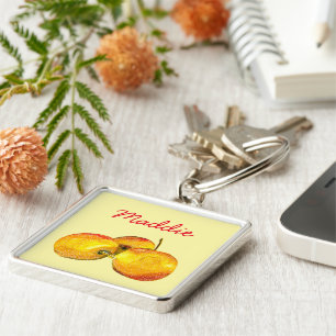 Akvarell frukt gul päron frukt fyrkantig silverfärgad nyckelring