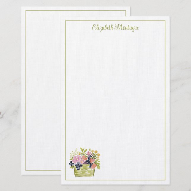 Akvarell Frukter och Blommor Korg Brevpapper (Fram/baksida)