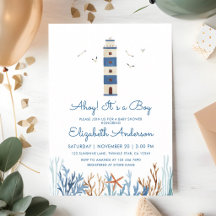 Akvarell fyr Ahoy pojke baby shower