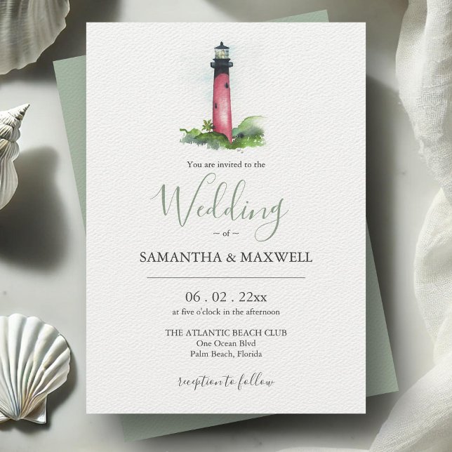 Akvarell fyr - Anpassade bröllopsinbjudningar Inbjudningar (Beach wedding invitations watercolor Jupiter Lighthouse in Florida art by Victoria Grigaliunas)