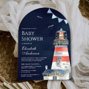 Akvarell fyr Nautilus marinblå baby shower Inbjudningar