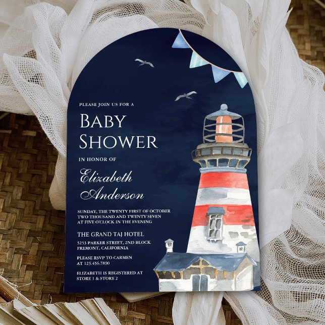 Akvarell fyr Nautilus marinblå baby shower Inbjudningar (Skapare uppladdad)