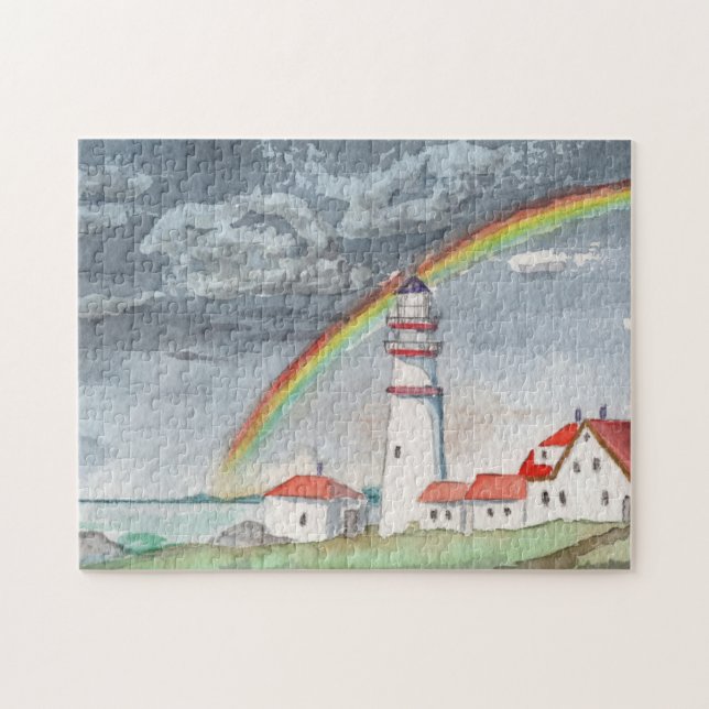 Akvarell fyr regnbåge landskap hav pussel (Horisontell)
