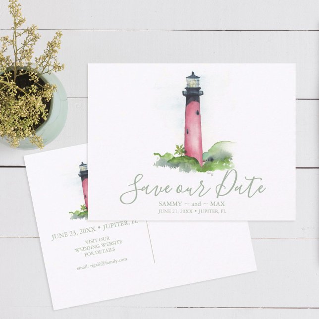 Akvarell fyr sparar datum vykort (Beach wedding save the date invitation ocean and lighthouse watercolor art by Victoria Grigaliunas)