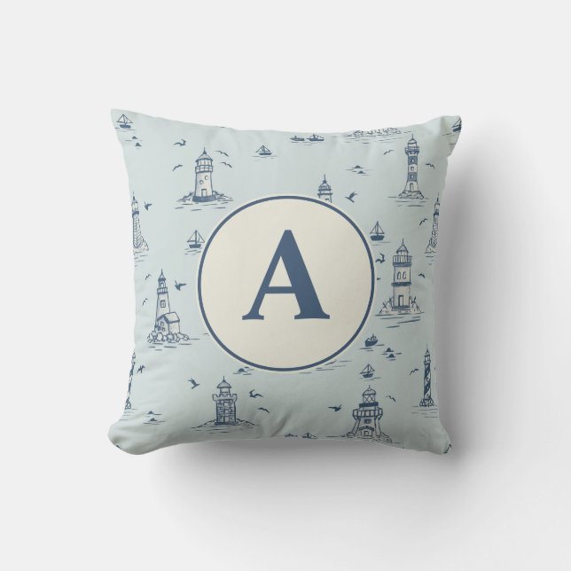 Akvarell fyr Toile Barnkammare | Monogram Kudde (Framsida)