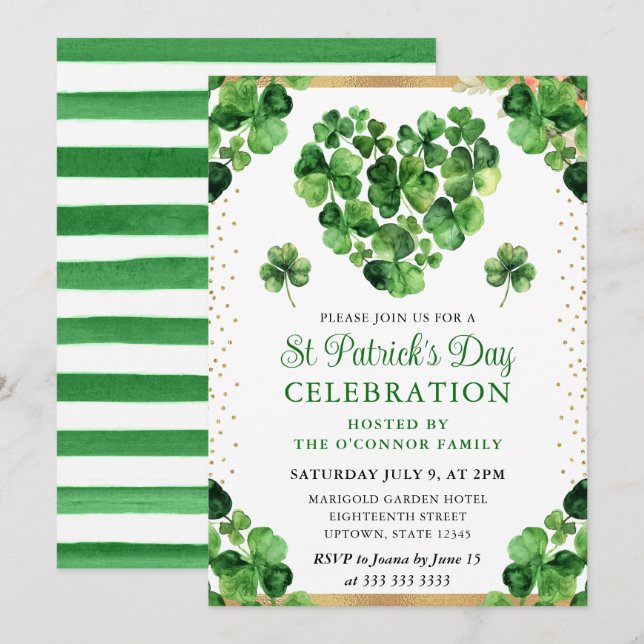 Akvarell Fyrabladiga Klöver St Patrick's Day Inbjudningar (Fram/baksida)