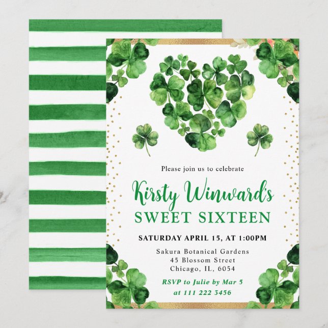 Akvarell Fyrling Klöver St Patricks Sweet 16 Inbjudningar (Fram/baksida)