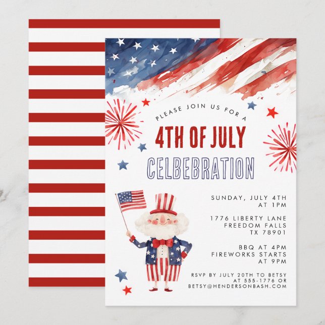 Akvarell fyrverkeri Fjärde juli grillfest inbjudan (Fram/baksida)