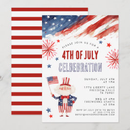 Akvarell fyrverkeri Fjärde juli grillfest inbjudan