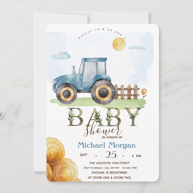 Akvarell Gård Traktor Hö Baby Shower Inbjudningar (Framsida)