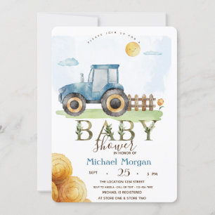 Akvarell Gård Traktor Hö Baby Shower Inbjudningar