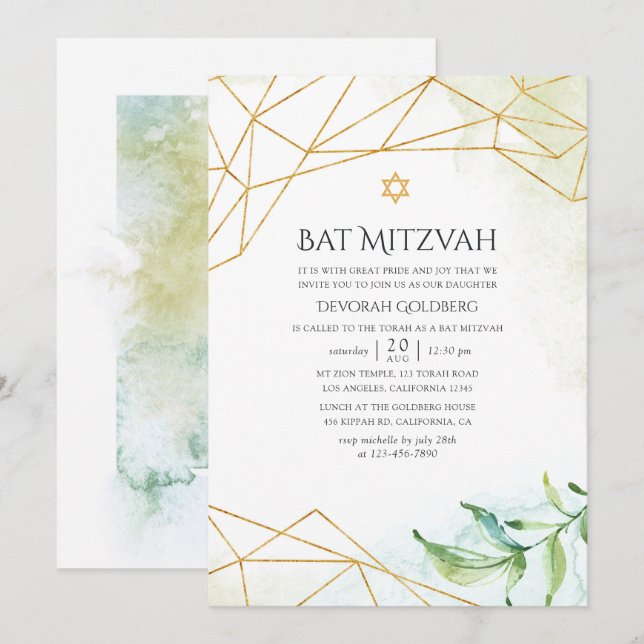 Akvarell Geometrisk Bat Mitzvah Inbjudningar (Fram/baksida)