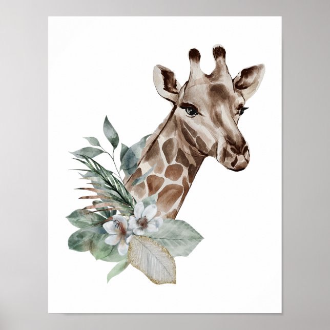 Akvarell Giraff Djungel Safari Djur Botanisk Poster (Framsidan)